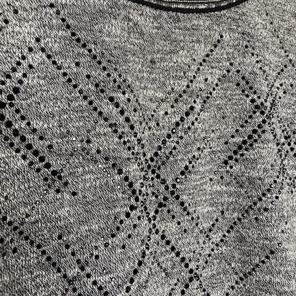 Miss Me Gray Rhinestone Embellished Sequin Beaded Trim Mixed Knit Sweater Sz S